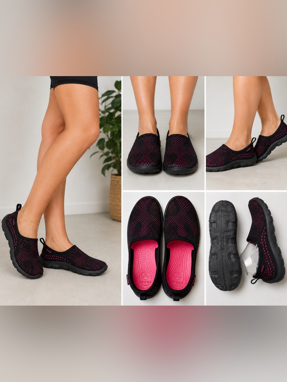 Crocs Water Shoes Women 8 Black Pink Mesh Slip On Beach River Travel Comfort